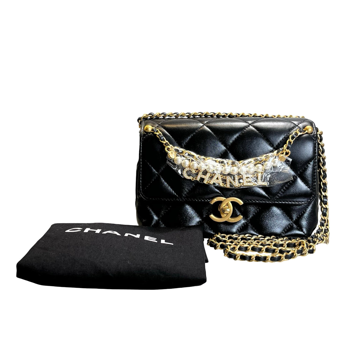 Used CHANEL Quilted Velvet 24A mini pearl logo Flap bag Bucket Bag Black Gold