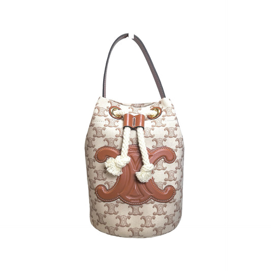 Used CELINE Triomphe Canvas Calfskin Teen Triomphe Drawstring Drawstring Bag Beige Brown GHW