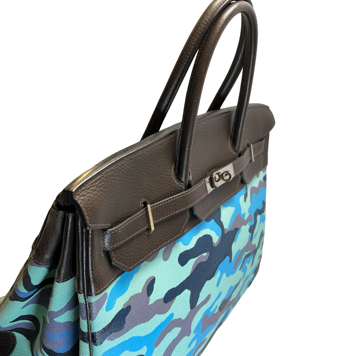 Used HERMES Camouflage Leather Toile HAC Birkin 35 Handbag Brown Blue Green