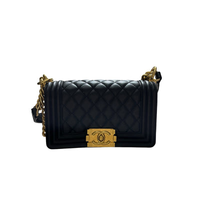 Used CHANEL Calfskin Leather Boy 20cm Shoulder Bag Black GHW