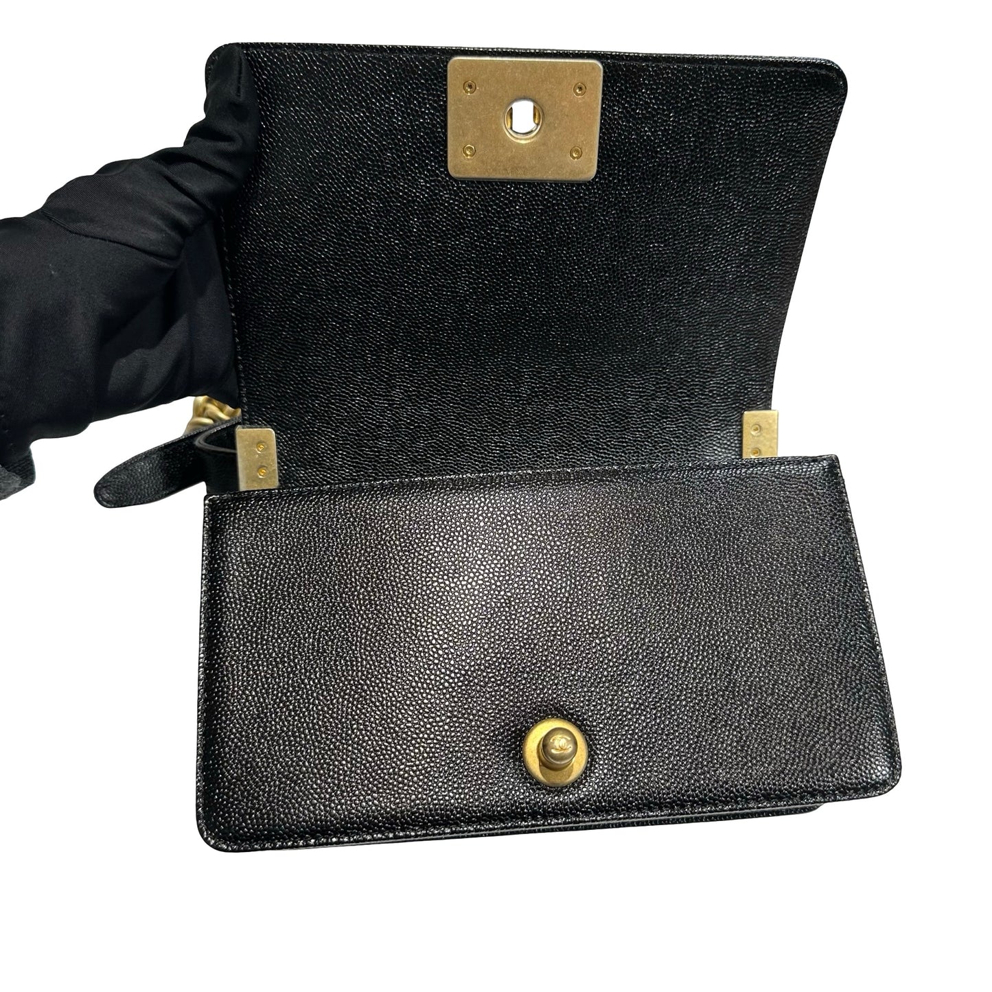 Used CHANEL Calfskin Leather Boy 20 V line Cross Body Bag Black GHW