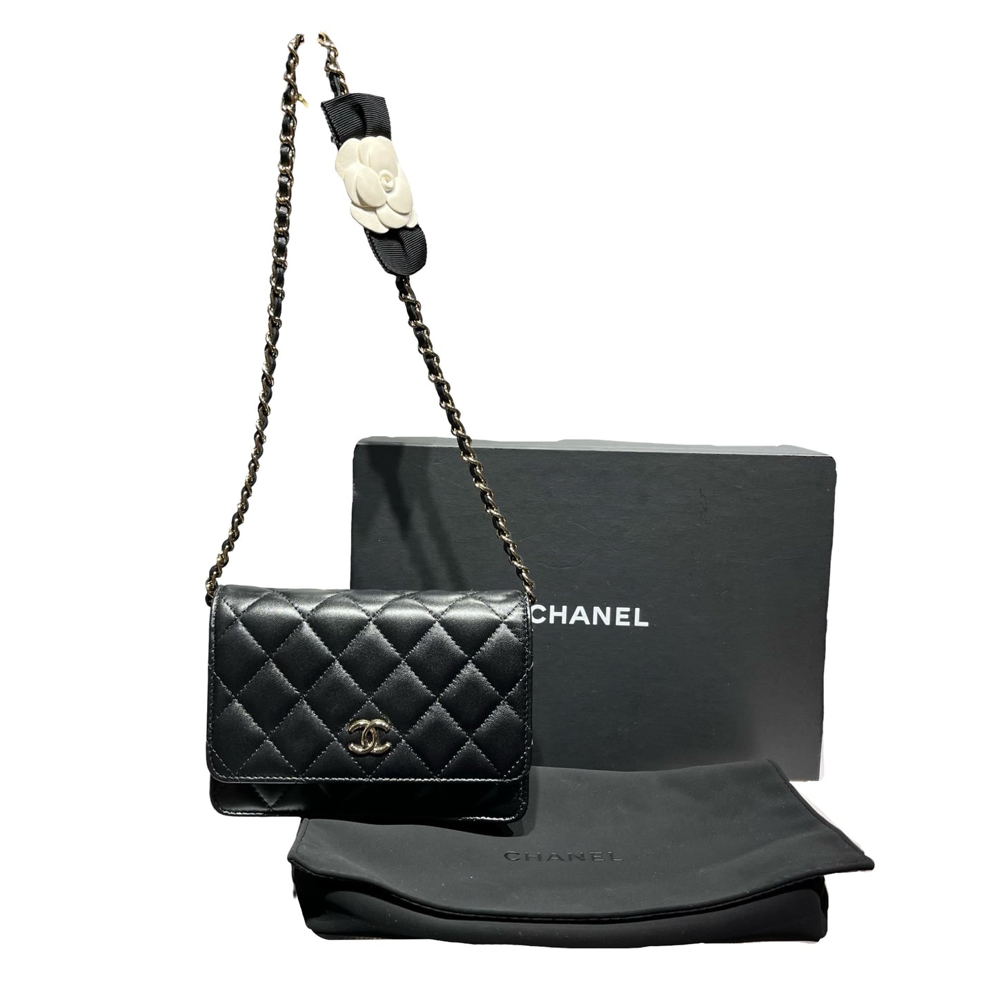 Used CHANEL Camellia WOC Wallet on Chain Black GHW