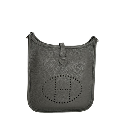 Used HERMES Clemence Leather Mini Evelyne Crossbody Bag Grey PHW