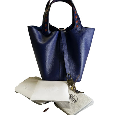 Used HERMES Epsom Picotin Bucket Bag Blue Brown Black