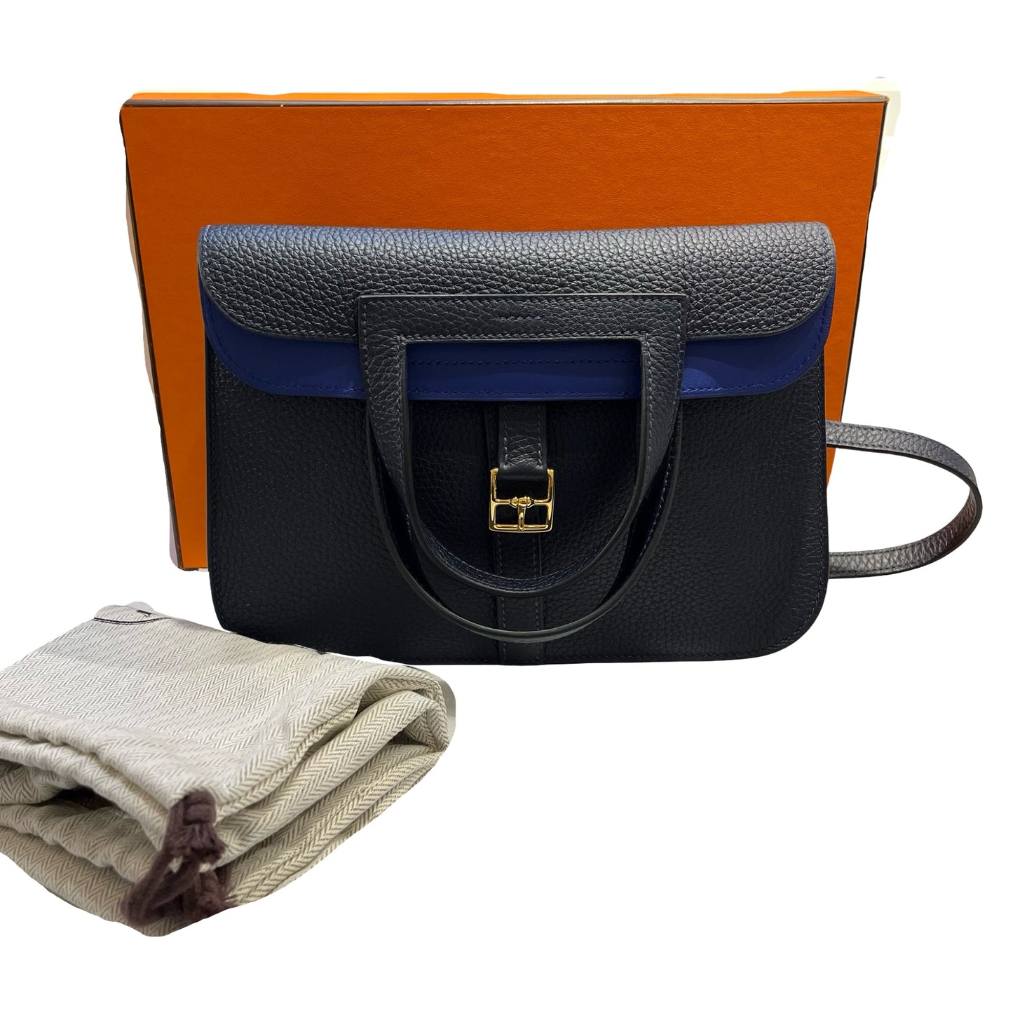 Used HERMÈS Calfskin Leather Halzan Shoulder Bag Blue GHW