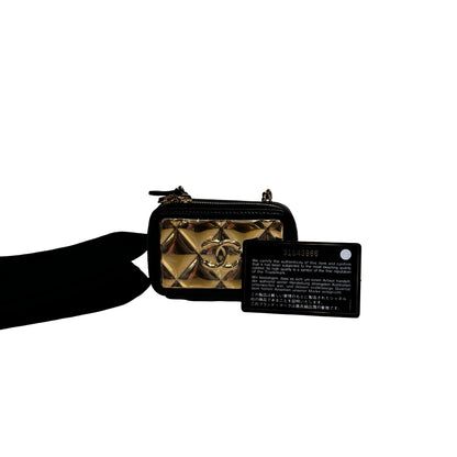 New CHANEL Lambskin Leather Vanity Case Shoulder Bag Gold Black GHW
