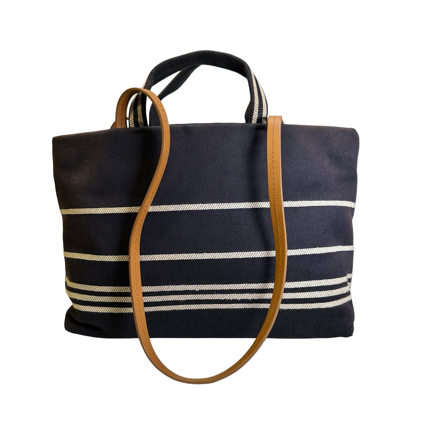 Used CHANEL Stripes CC Logo Deauville Tote Bag Navy Blue White Tan