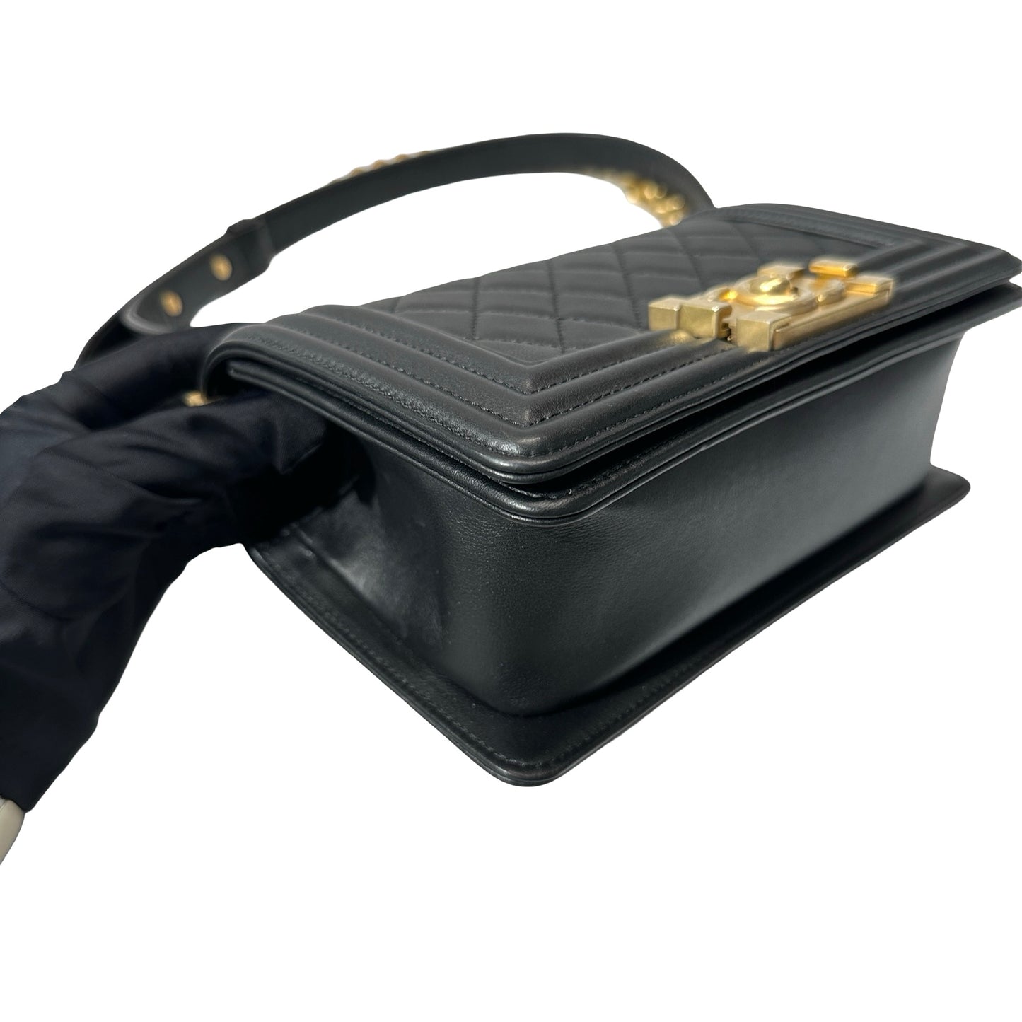 Used CHANEL Lambskin Leather Boy 20cm Shoulder Bag Black GHW