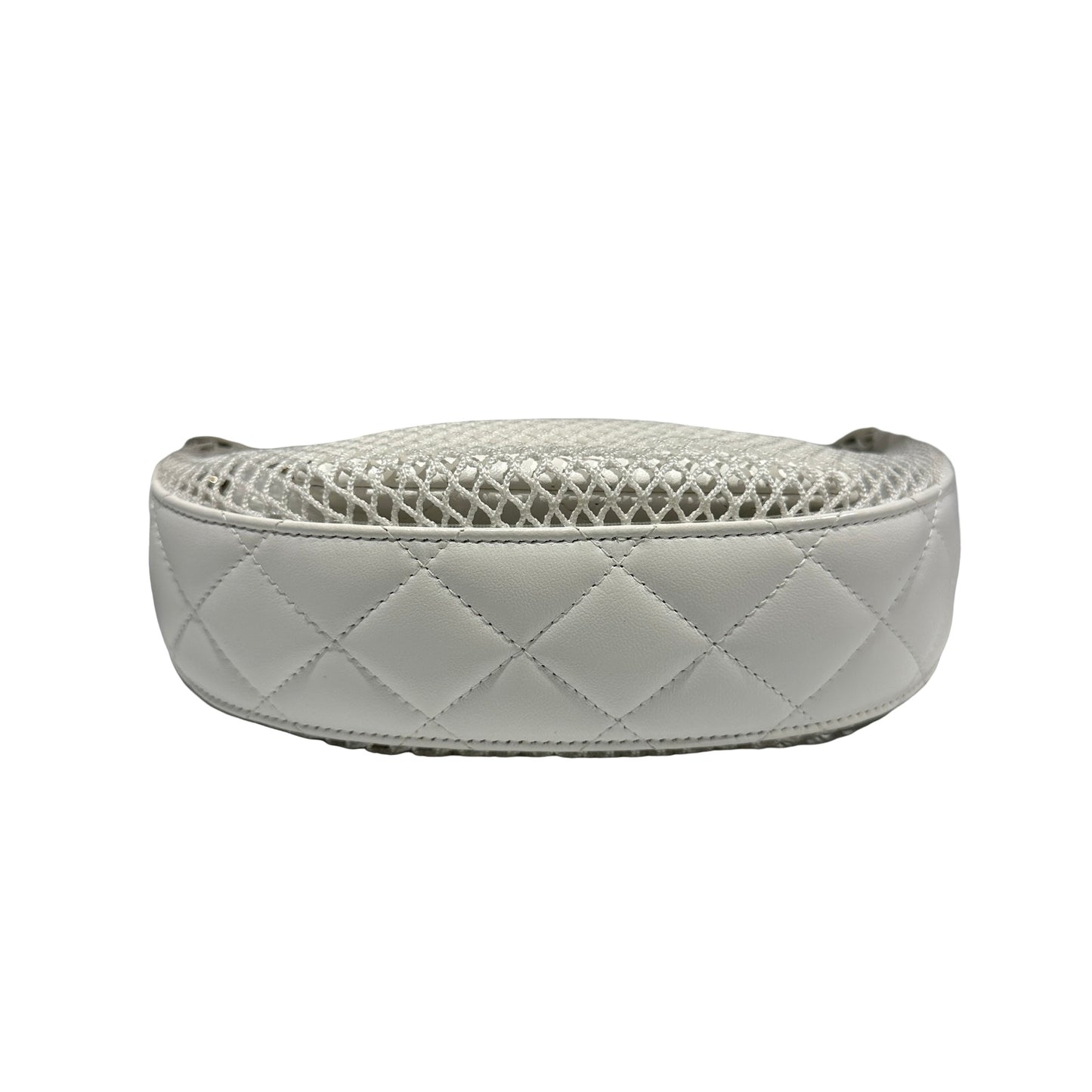 Used CHANEL Mesh Leather 25S Half Moon Clutch Hobo Bag White GHW