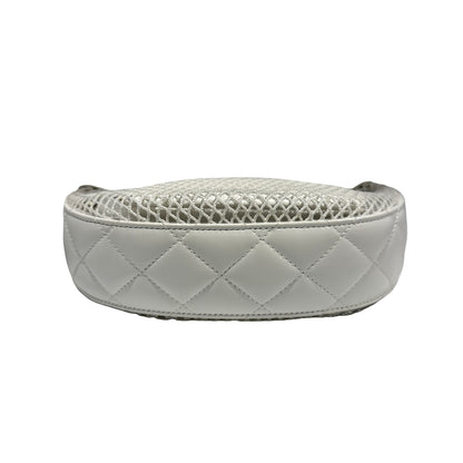 Used CHANEL Mesh Leather 25S Half Moon Clutch Hobo Bag White GHW