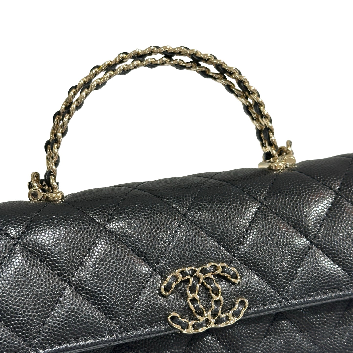 Used CHANEL Quilted Caviar Handle Classic Flap Handbag Black Gold