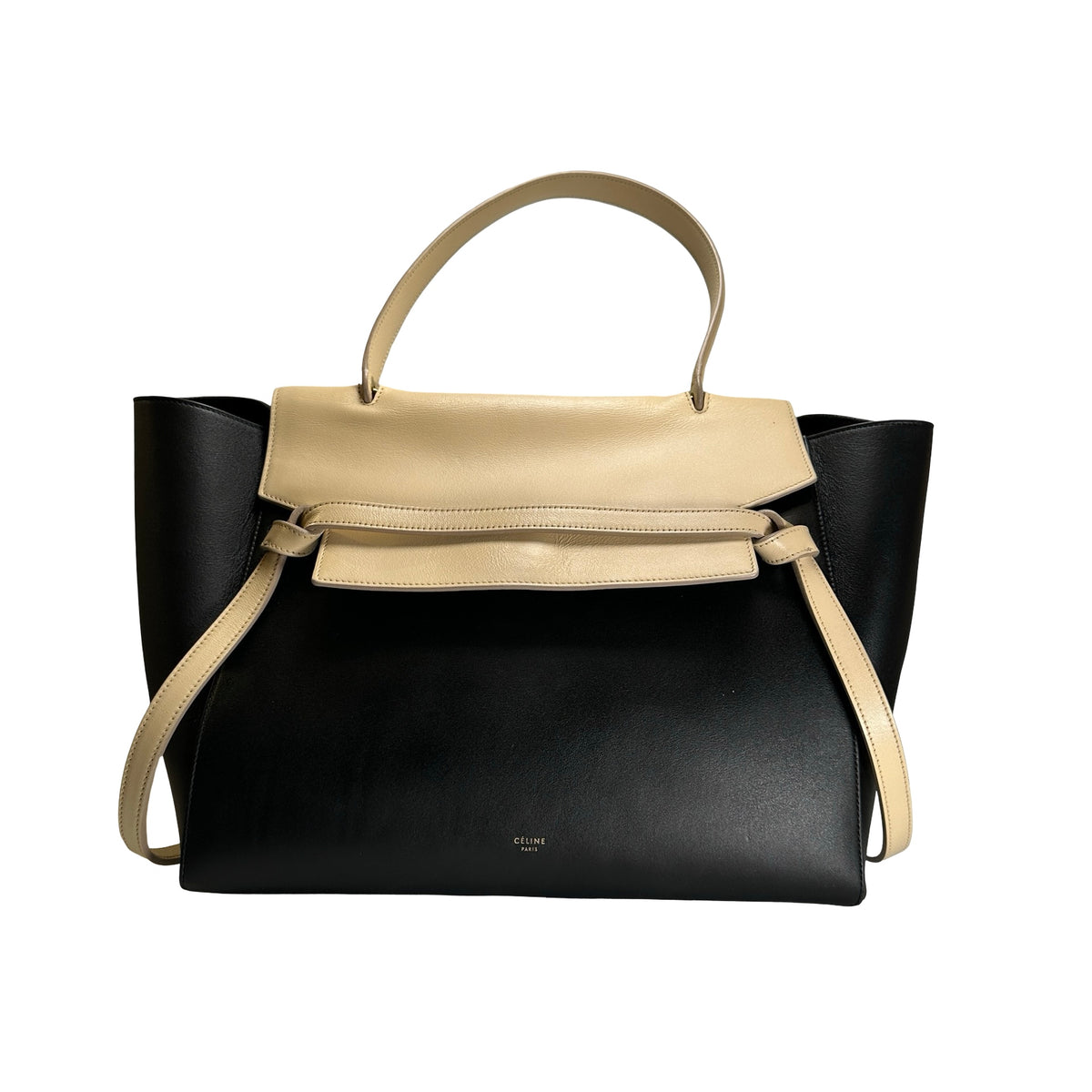 Used CELINE Leather Belt Bag Handbag Black Beige