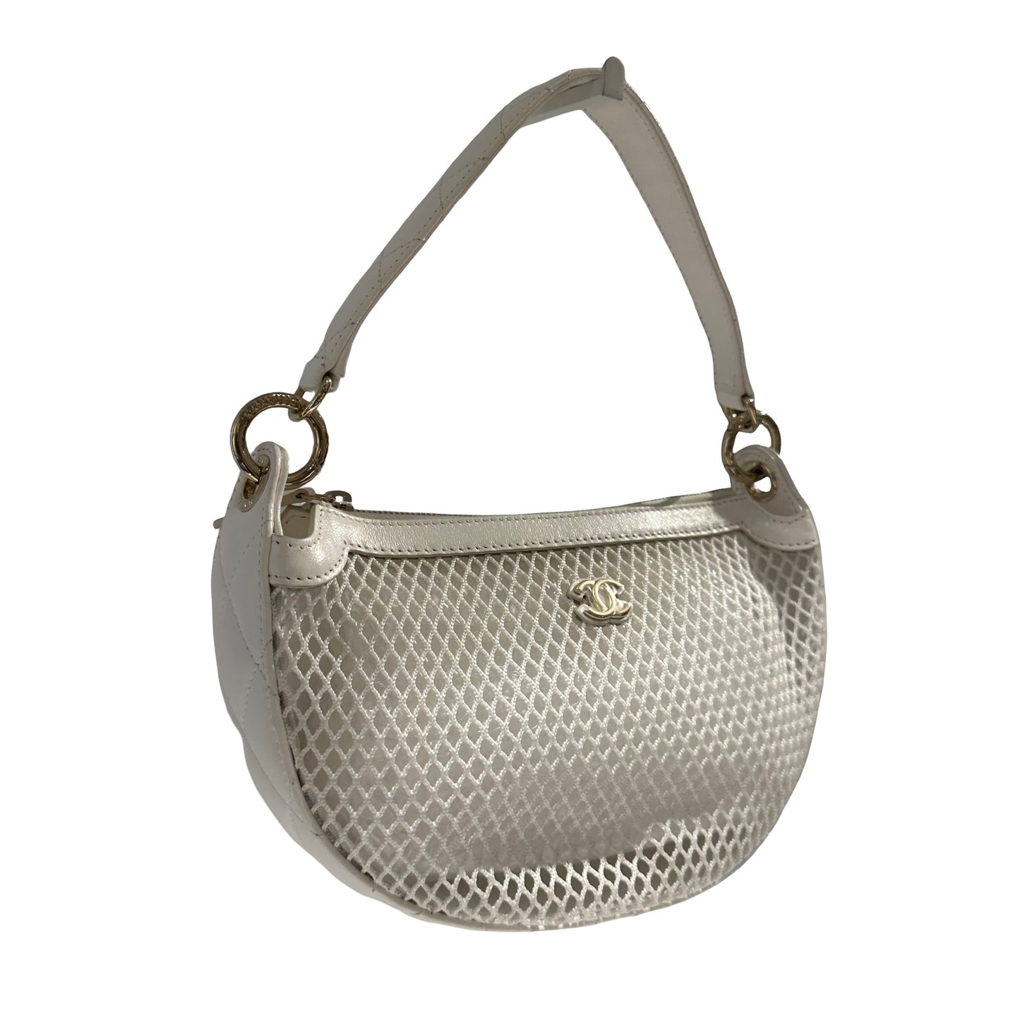 Used CHANEL Mesh Leather 25S Half Moon Clutch Hobo Bag White GHW