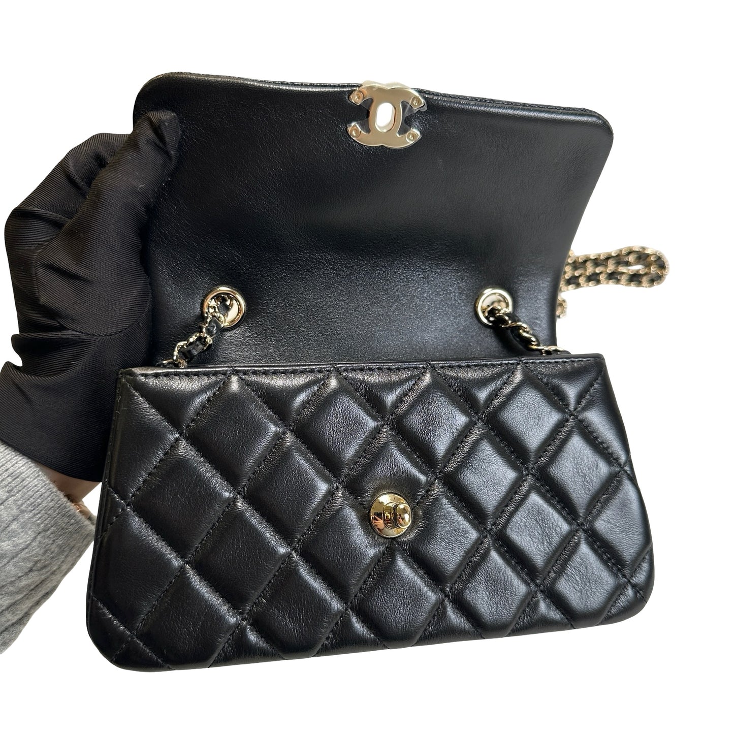 Used CHANEL Quilted Lambskin Mini Rectangular Flap Bag Chain Shoulder Bag Black Gold