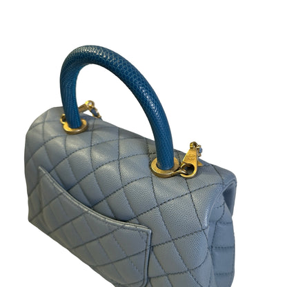 Used CHANEL Quilted Caviar Lizard Coco Handle Handbag Blue
