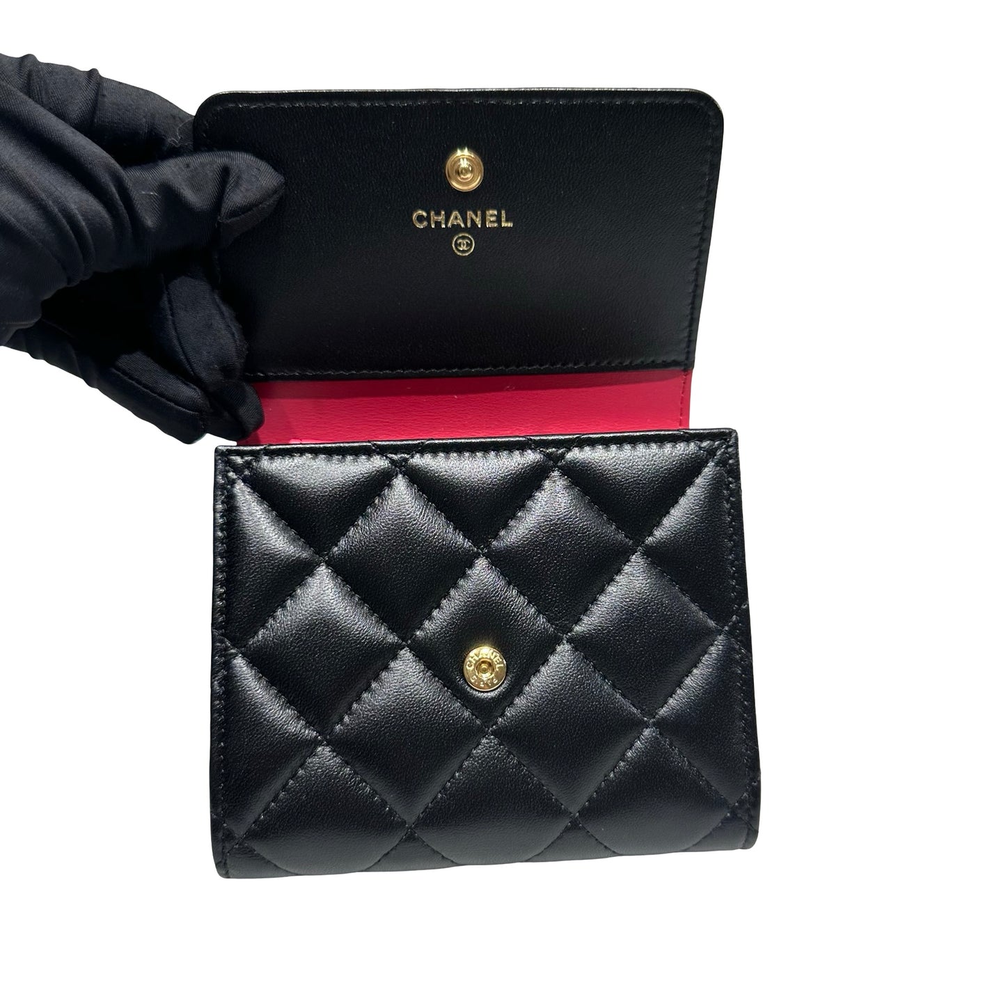 Unused CHANEL Lambskin Leather Wallet Black GHW