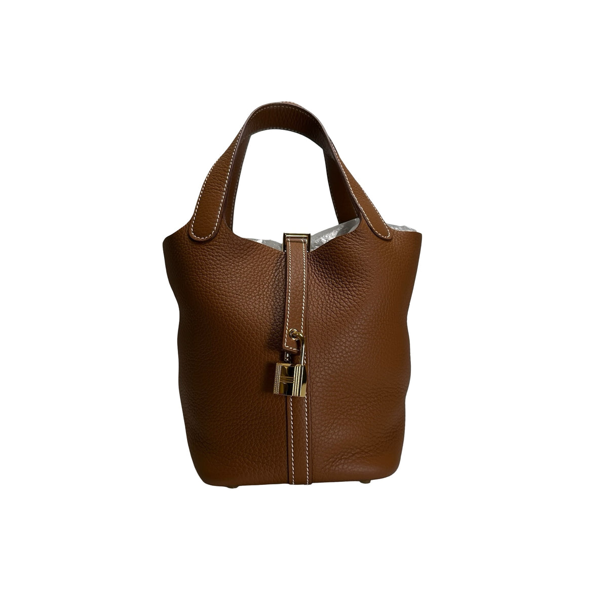 Used HERMES Clemence Leather Picotin Bucket Bag Gold