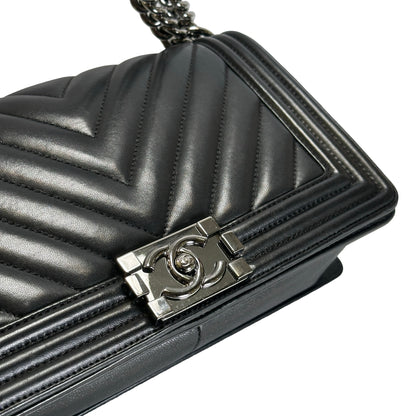 Used CHANEL Chevron Leather Boy Chanel Shoulder Bag Black Silver