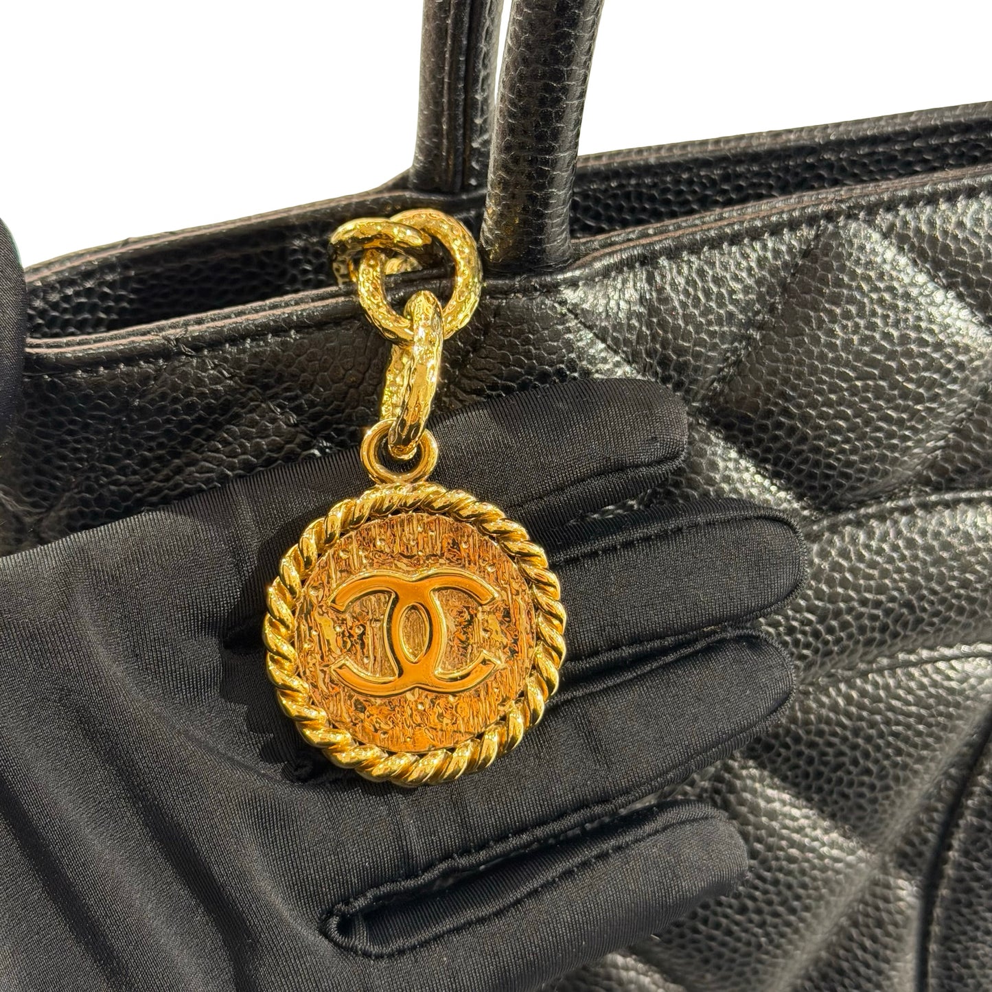 Used Chanel Calfskin Leather Vintage Tote Bag Black GHW