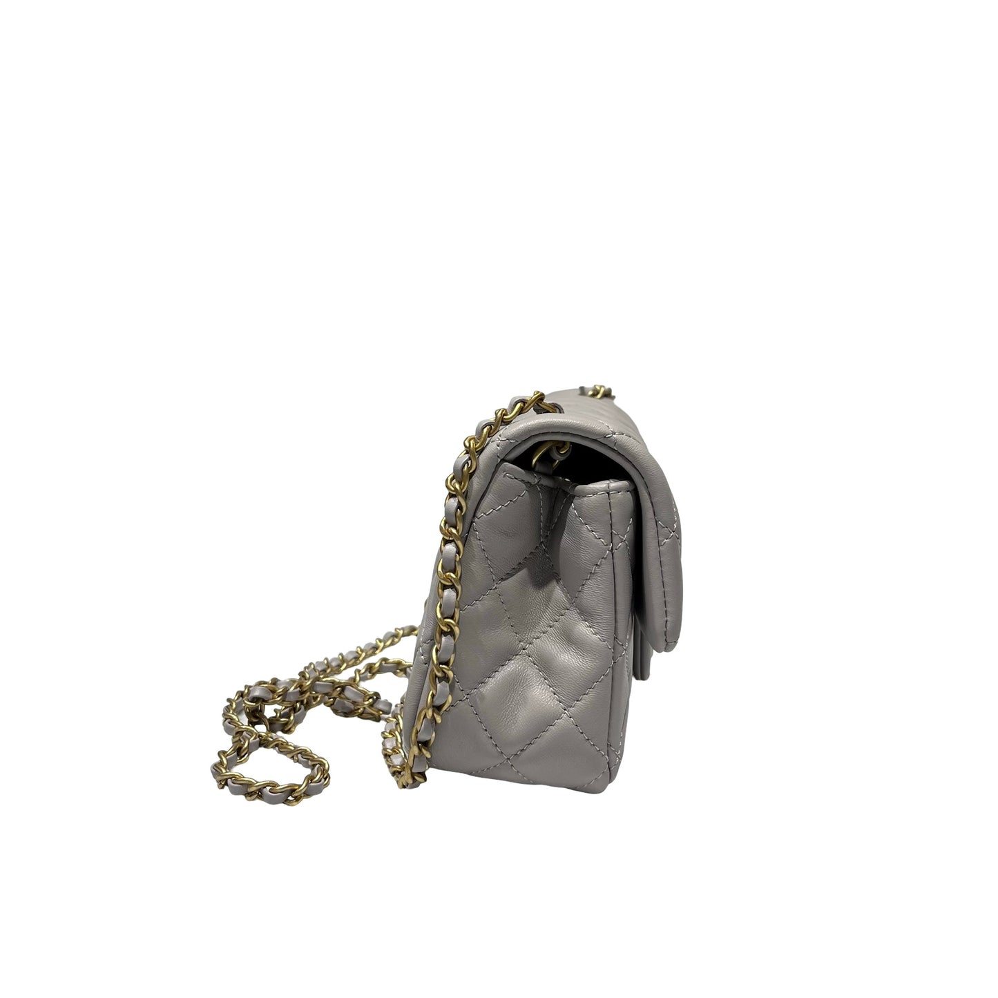 Unused CHANEL Lambskin Leather Mini Flap with Gold Ball Cross Body Bag Grey GHW