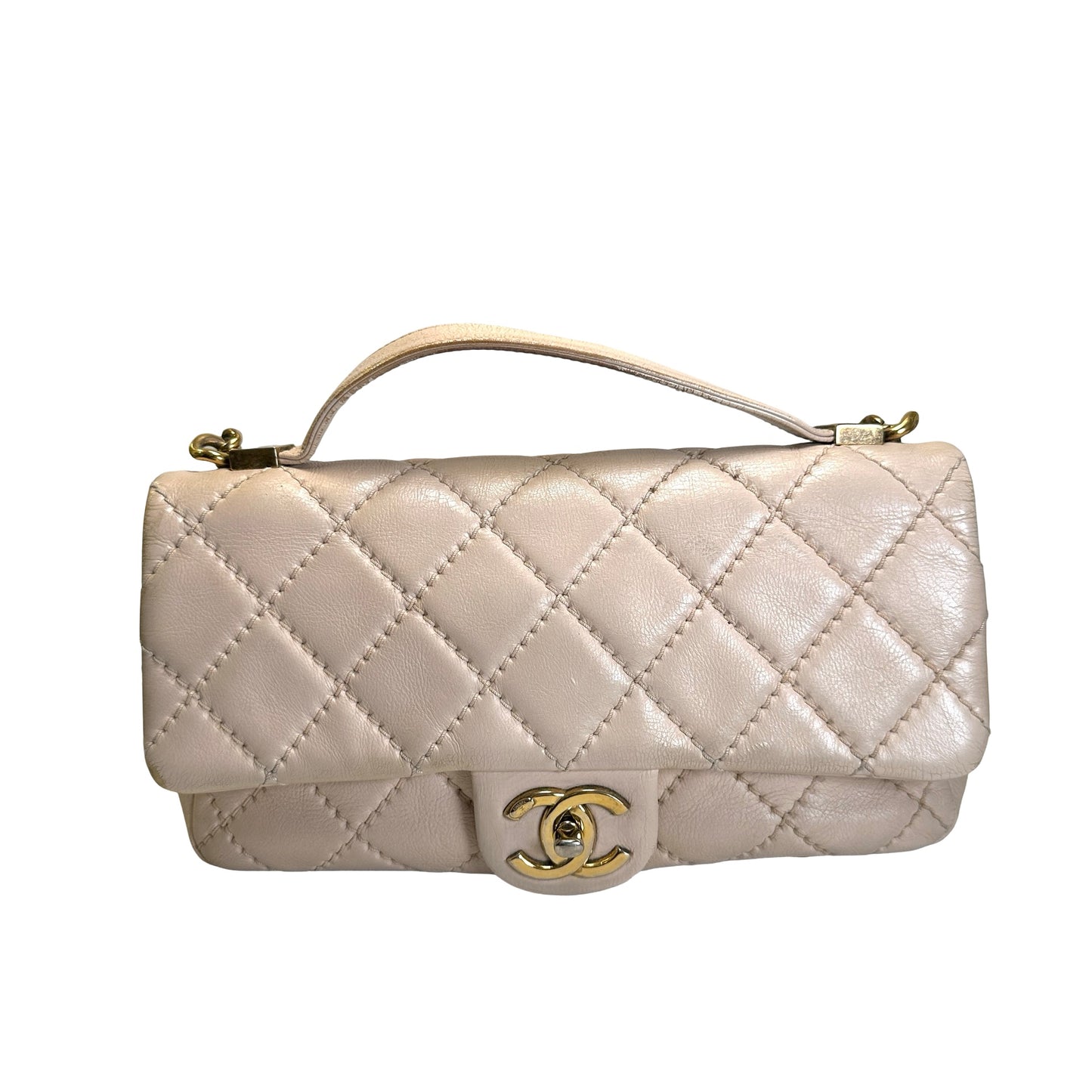 Used CHANEL Quilted Leather Kelly Flap Handbag Beige Gold Tone Hardware
