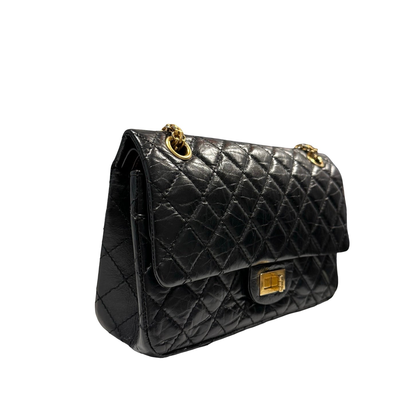 Used CHANEL Quilted Aged Calfskin 2.55 Small Chain Shoulder Bag Black Gold