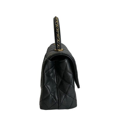 Used CHANEL Quilted Caviar Coco Handle Handbag Black Gold