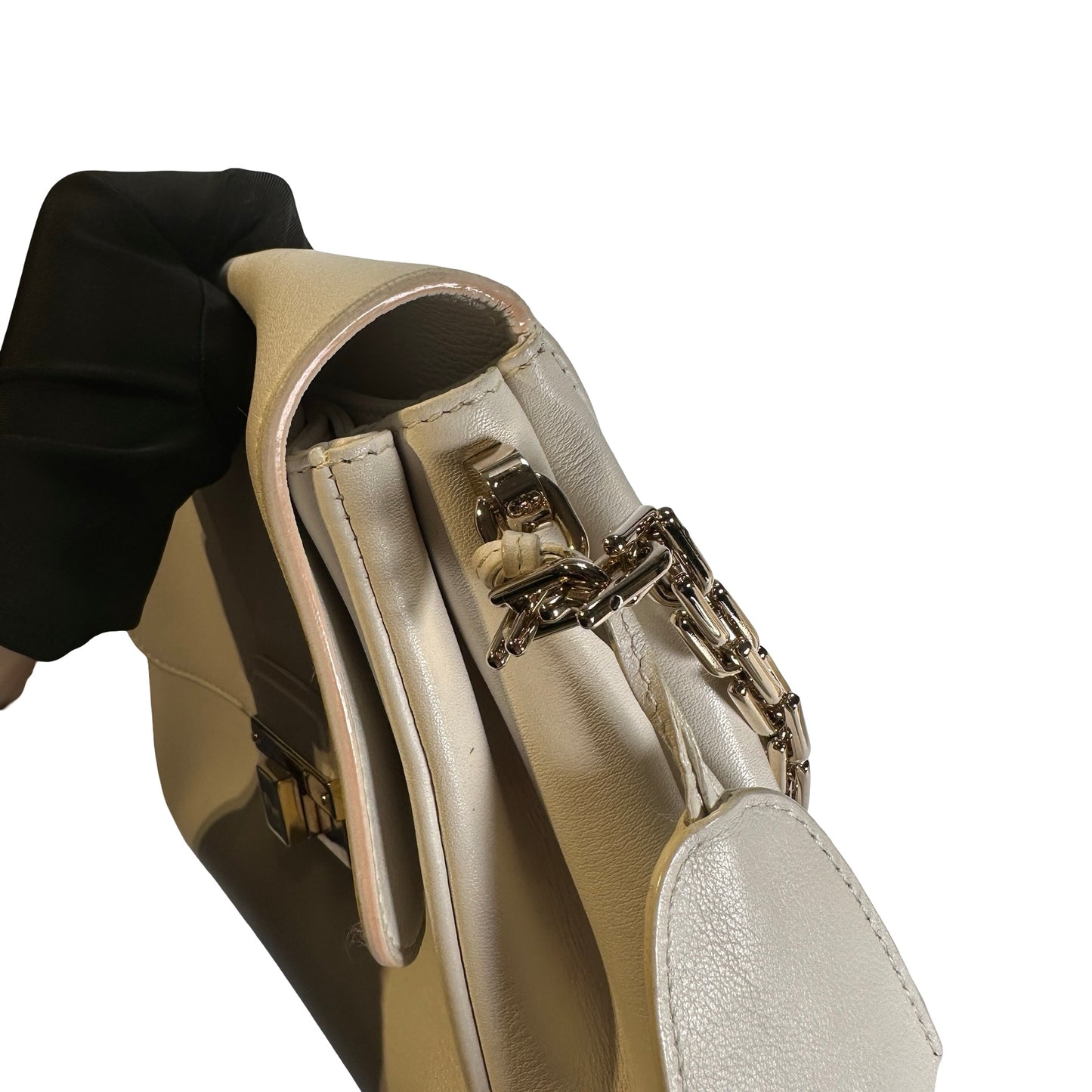 Used CHRISTIAN DIOR Leather Miss Dior Promenade Pouch Chain Shoulder Bag White GHW