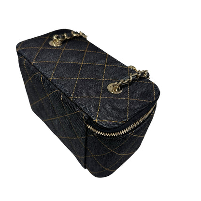 Used CHANEL Quilted Denim Vanity Case Vanity case Navy blue