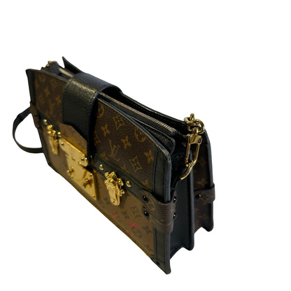 Used LOUIS VUITTON Monogram Canvas Leather Petite Malle Crossbody Bag Brown Black Gold