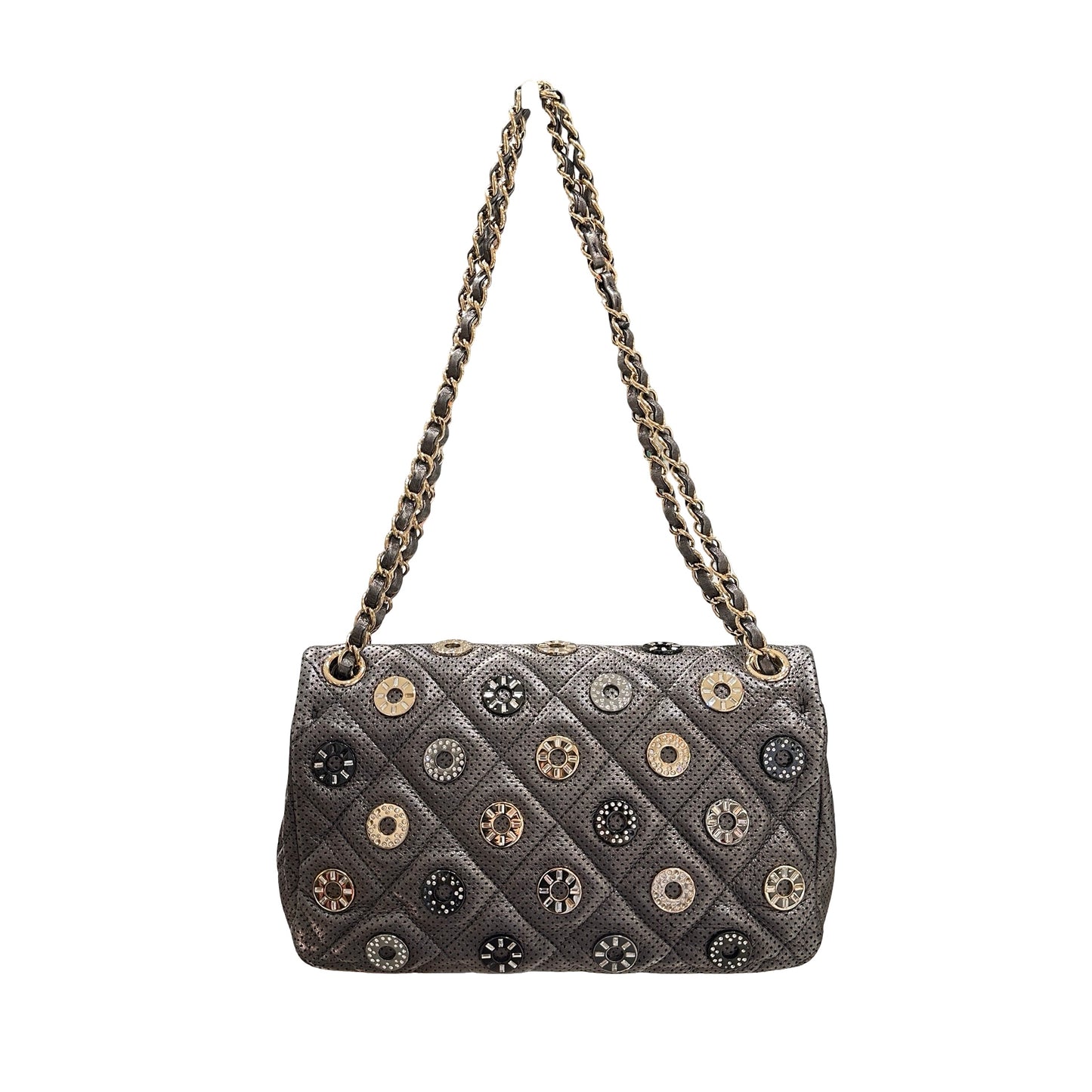 Used CHANEL Lambskin Leather Cross Body Bag Silver GHW