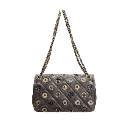 Used CHANEL Lambskin Leather Cross Body Bag Silver GHW