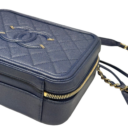 Unused CHANEL Calfskin Leather Vanity Case Navy Blue