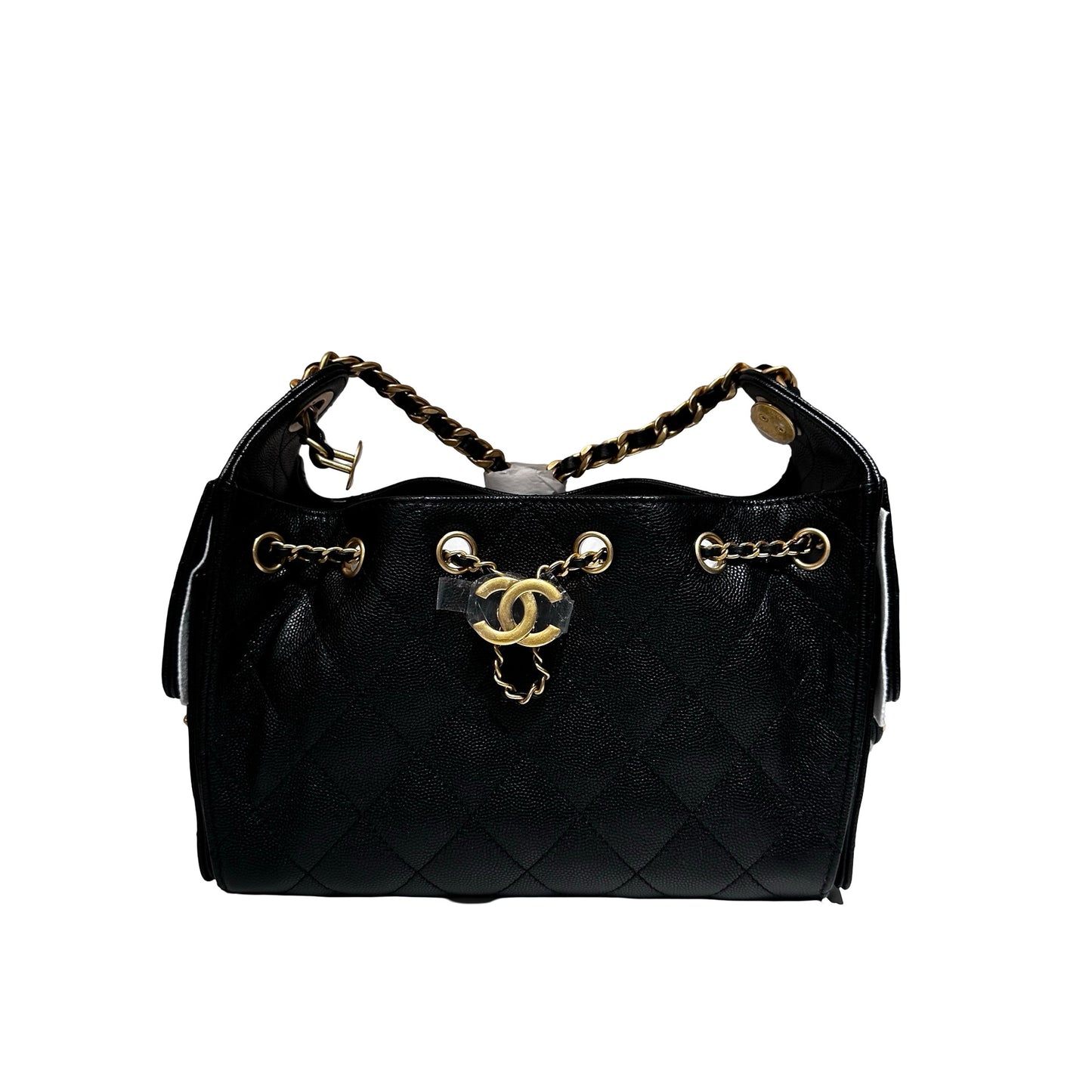 New CHANEL Caviar Leather 25 Mini Hobo Shoulder Bag Black GHW