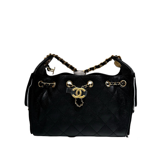 New CHANEL Caviar Leather 25 Mini Hobo Shoulder Bag Black GHW