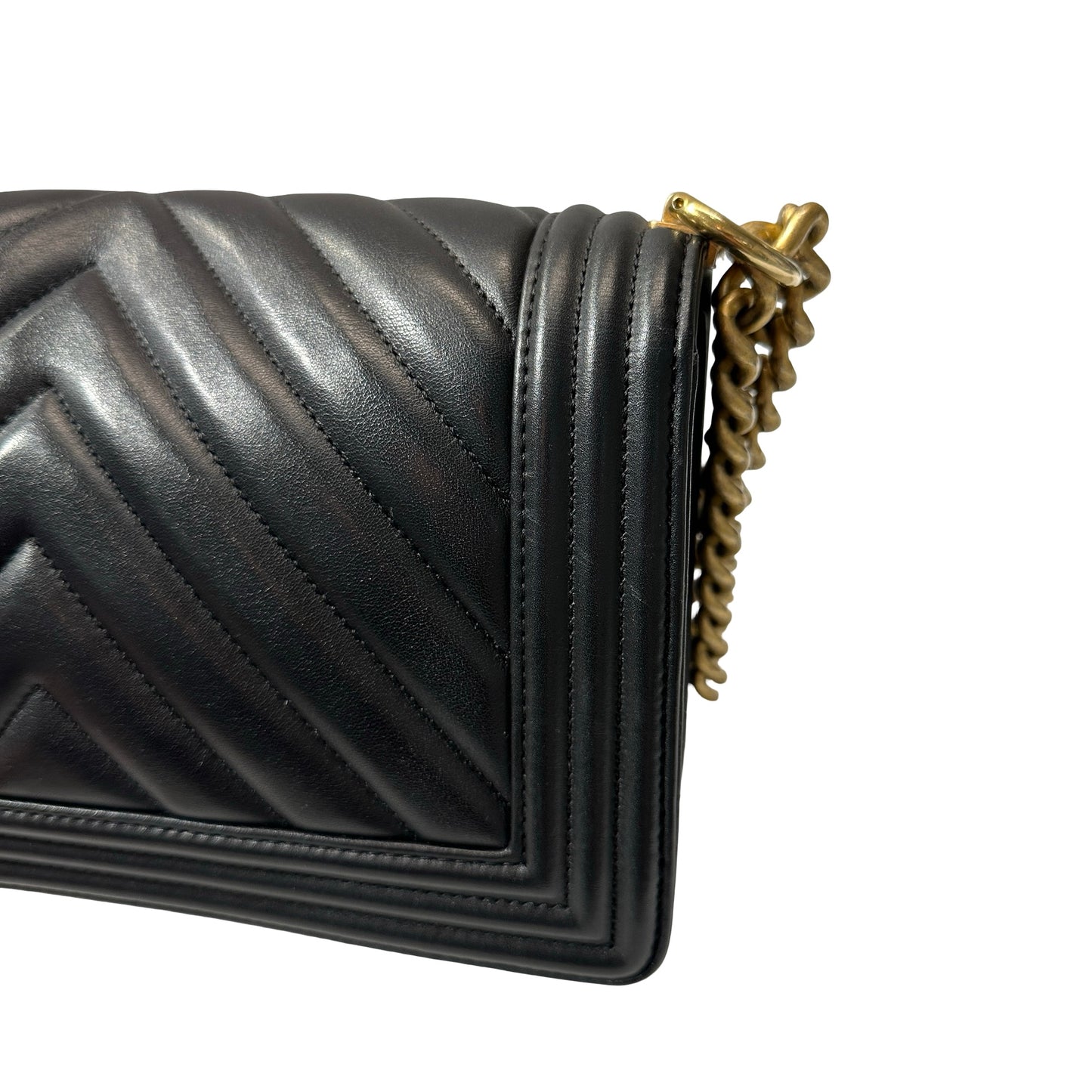 Used Chanel Lambskin Leather Boy 25 Shoulder Bag Black GHW