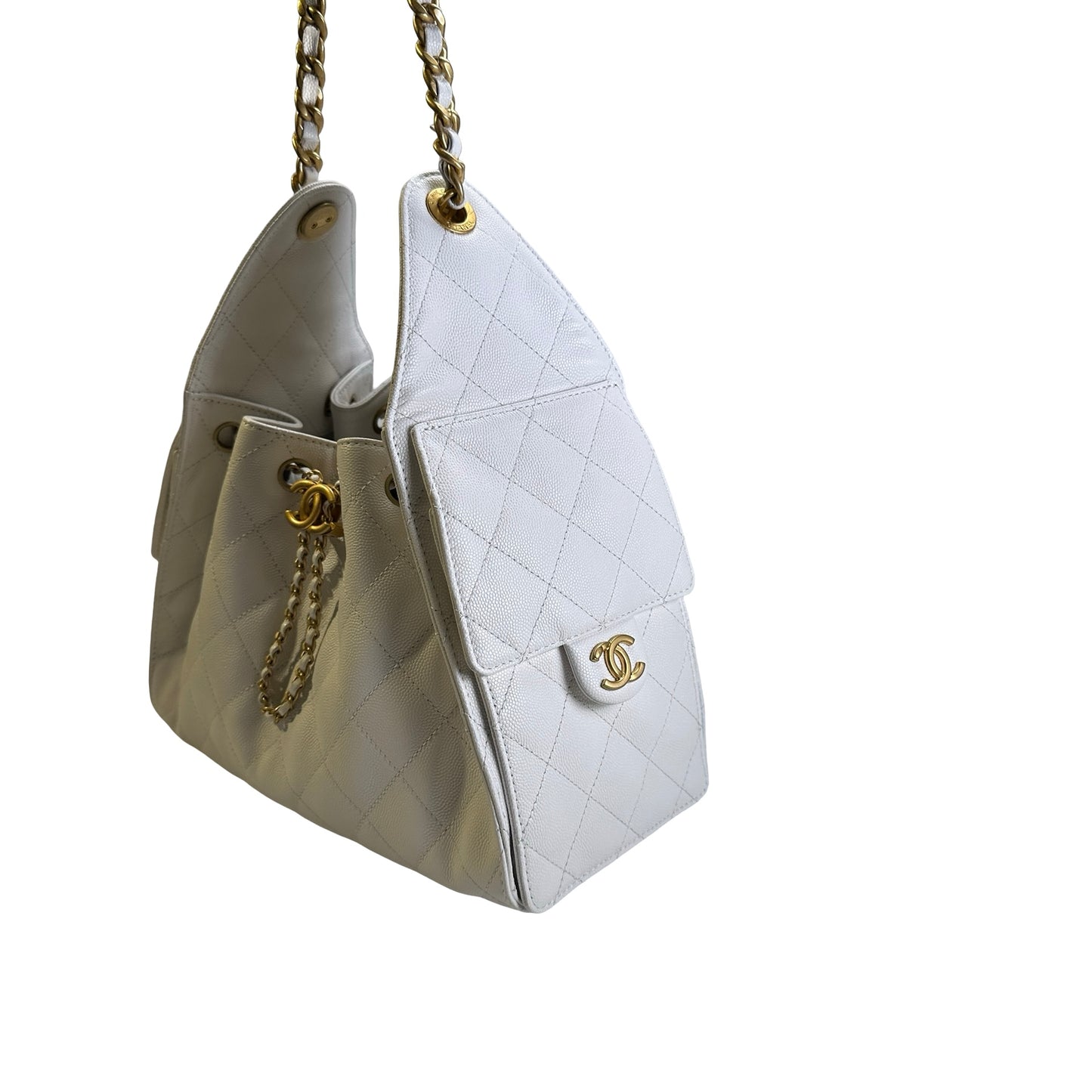 Used CHANEL Caviar Quilted 25 Small Handbag White Gold
