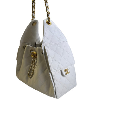 Used CHANEL Caviar Quilted 25 Small Handbag White Gold