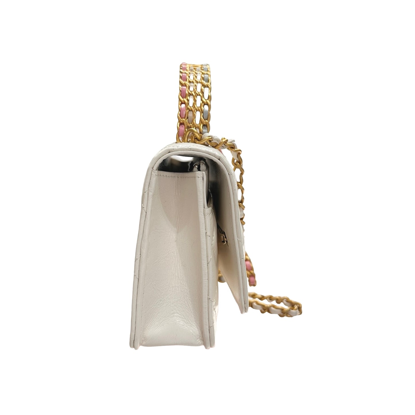 Used CHANEL Lambskin Leather 23P RAINBOW TOP HANDLE WOC Cross Body Bag White GHW