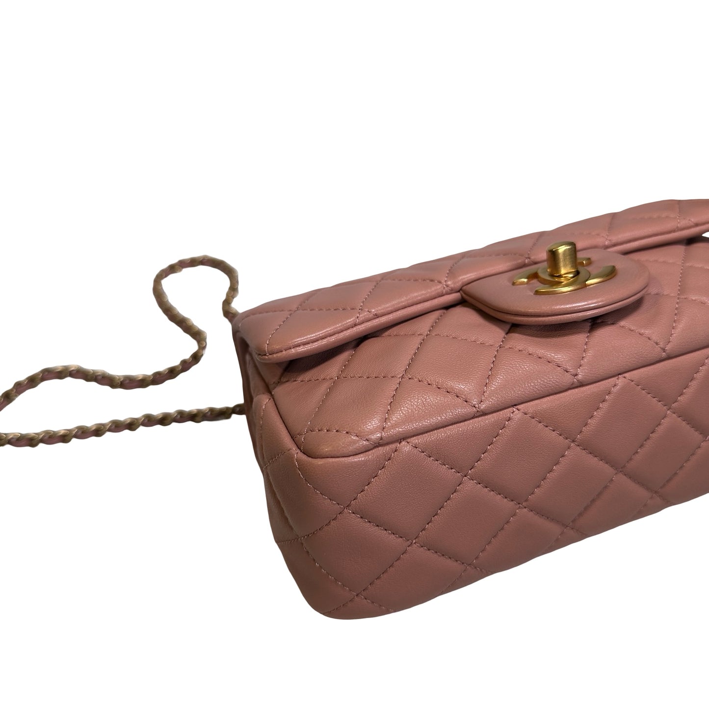 Used CHANEL Diamond Quilted Lambskin Mini Rectangular Flap Chain Shoulder Bag Pink