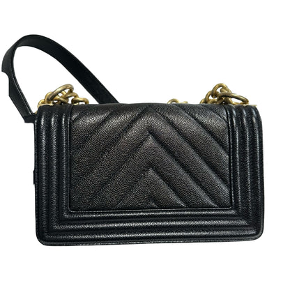 Used CHANEL Calfskin Leather Boy 20 V line Cross Body Bag Black GHW