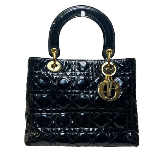 Used DIOR Cannage Patent Leather Lady Dior Handbag Black Gold