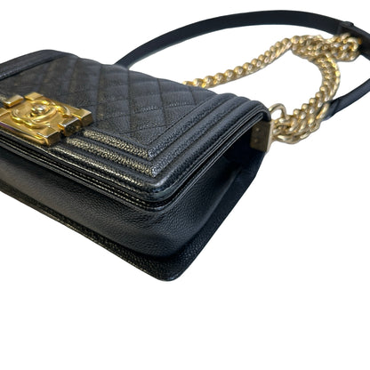 Used CHANEL Caviar Leather Quilted Boy 20 Shoulder Bag Black Gold