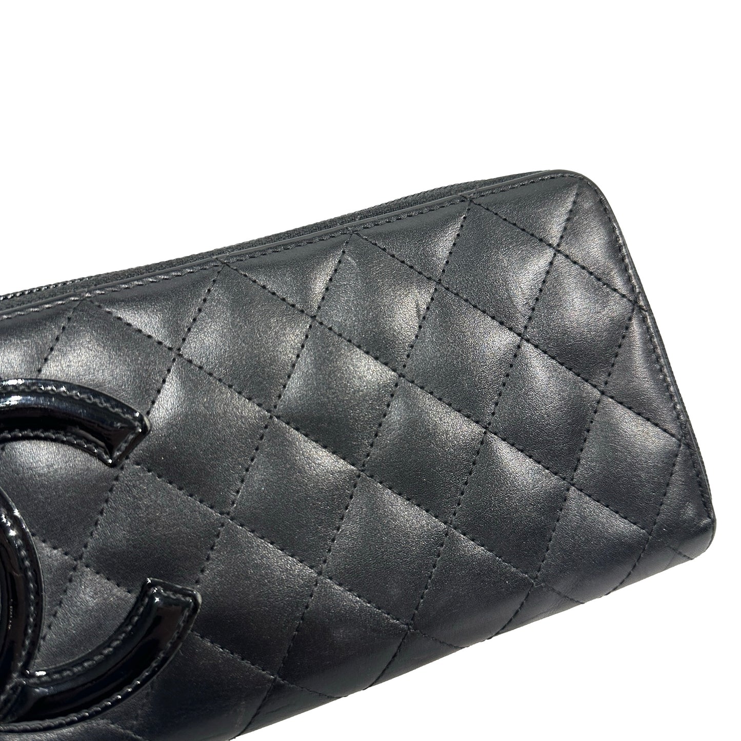 Used Chanel Lambskin Leather Cambon Long Round Wallet Black PHW