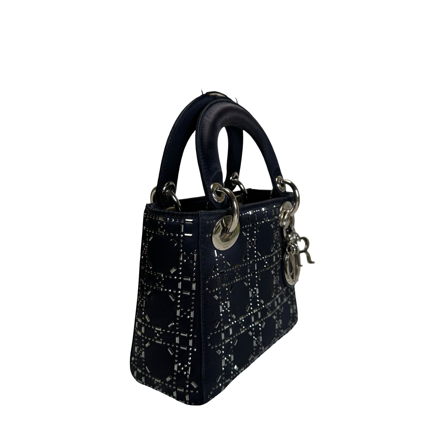 Used DIOR Cannage Rhinestone Lady Dior Handbag Black Silver