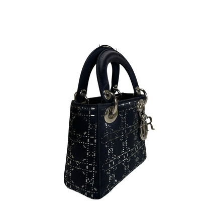 Used DIOR Cannage Rhinestone Lady Dior Handbag Black Silver