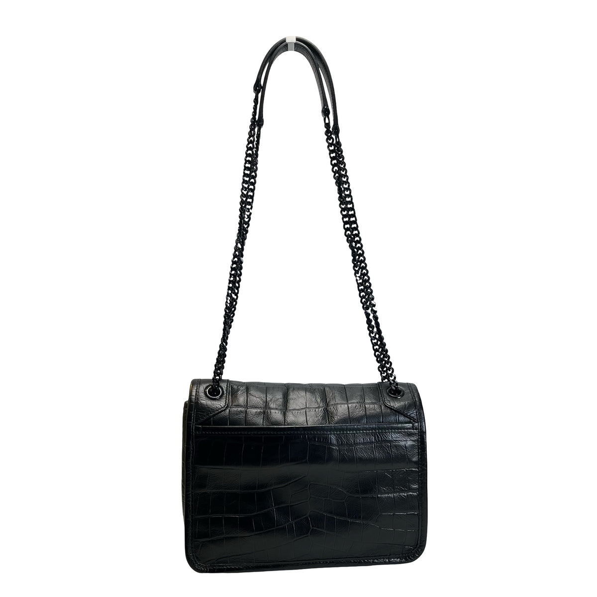 Used SAINT LAURENT Crocodile Embossed Leather Shoulder Bag Black