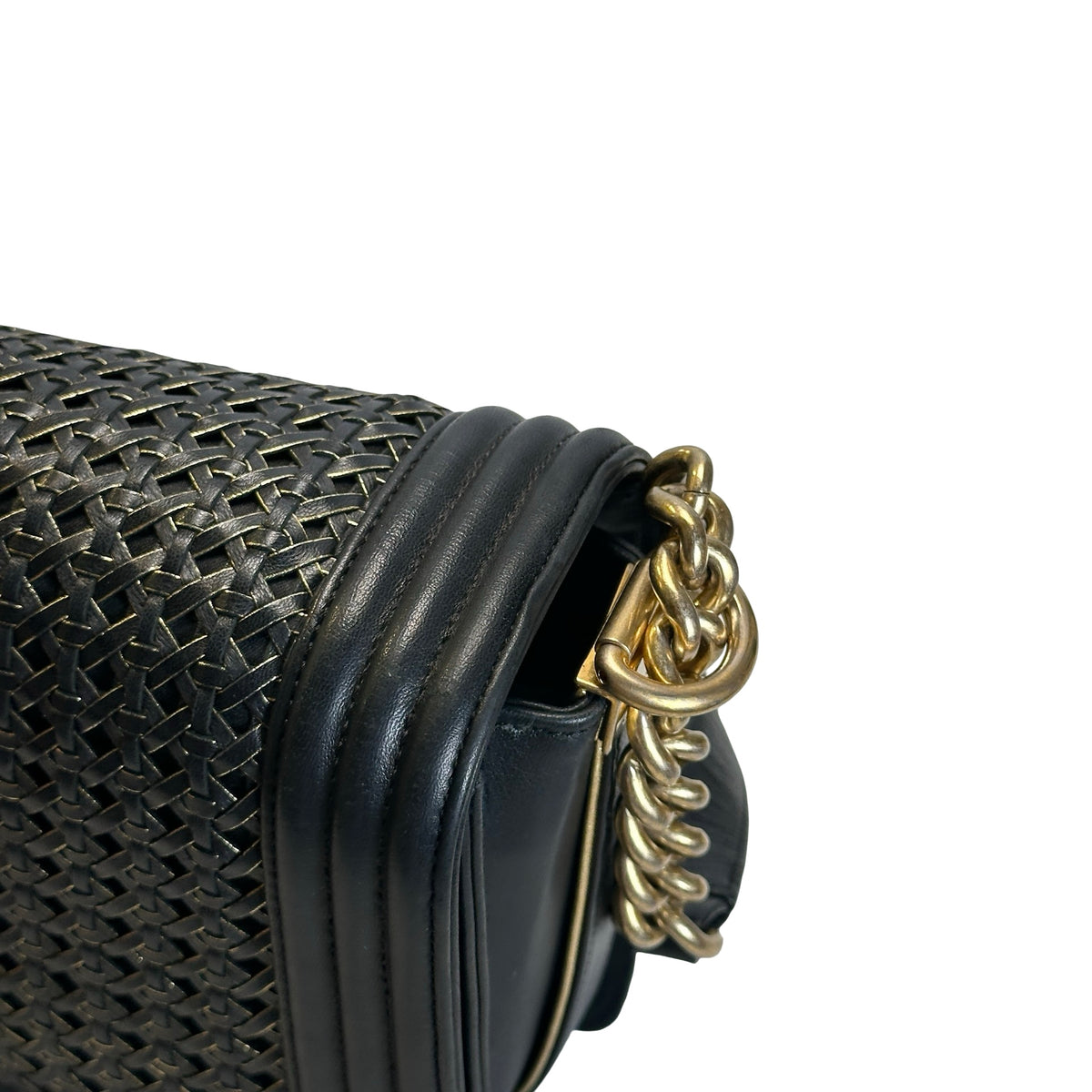 Used CHANEL Woven Leather Boy Chain Shoulder Bag Black Gold