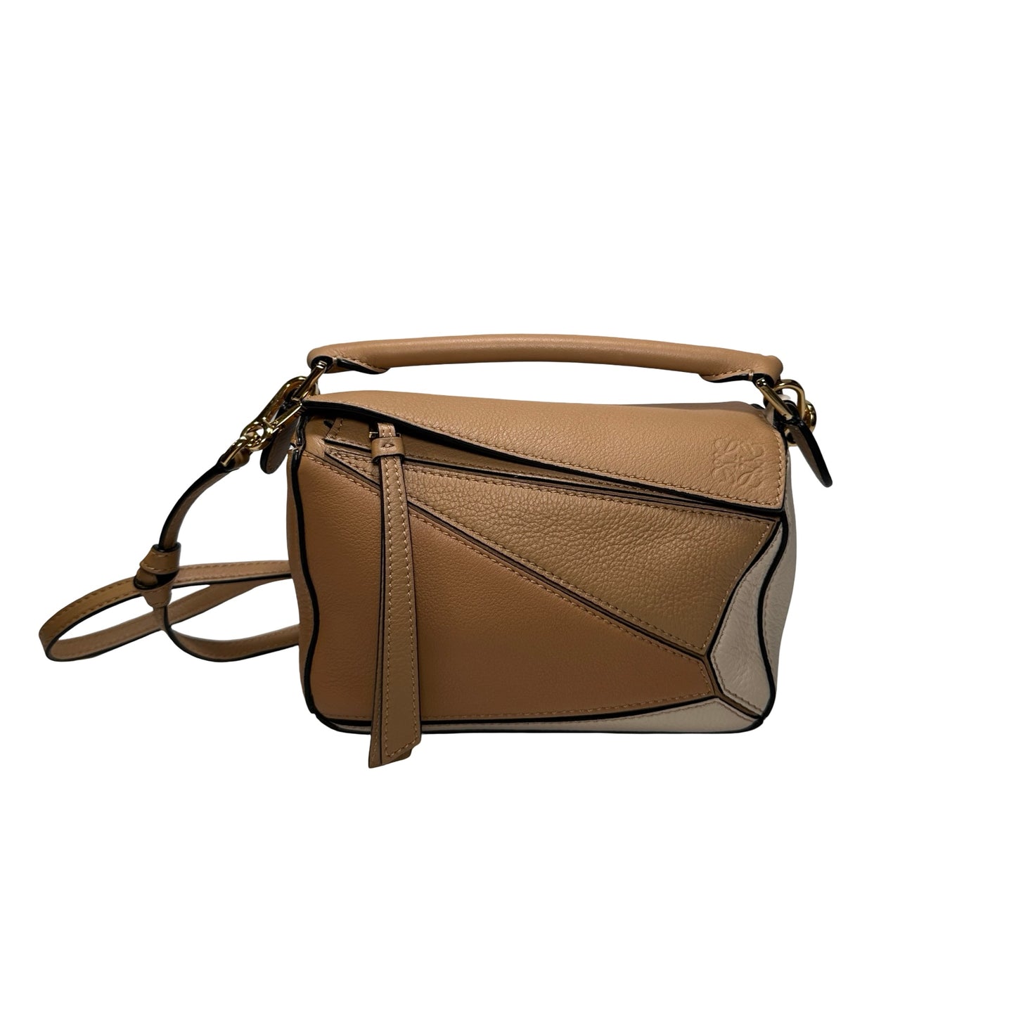 Used LOEWE Calfskin Leather MINI PUZZLE Cross Body Bag Beige Brown