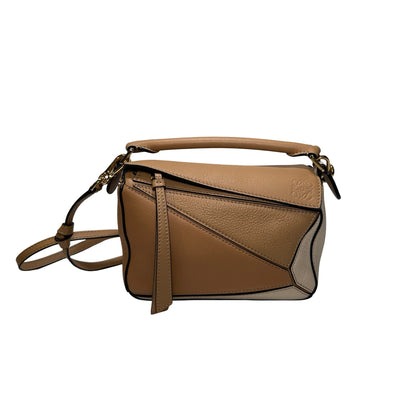 Used LOEWE Calfskin Leather MINI PUZZLE Cross Body Bag Beige Brown